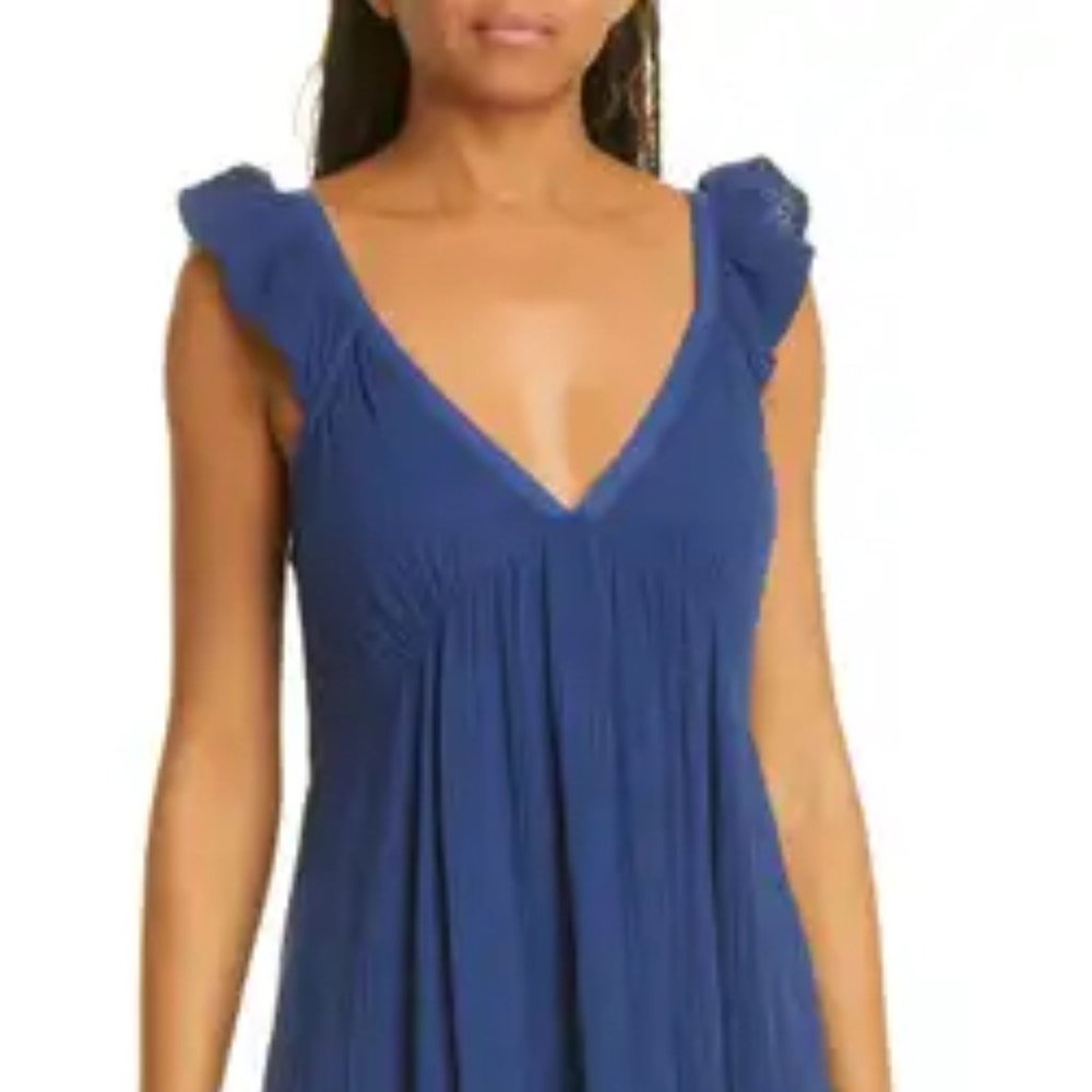 XÍRENA Leyla Plunge Neck Cotton Gauze Dress SZ Lg TIARA BLUE